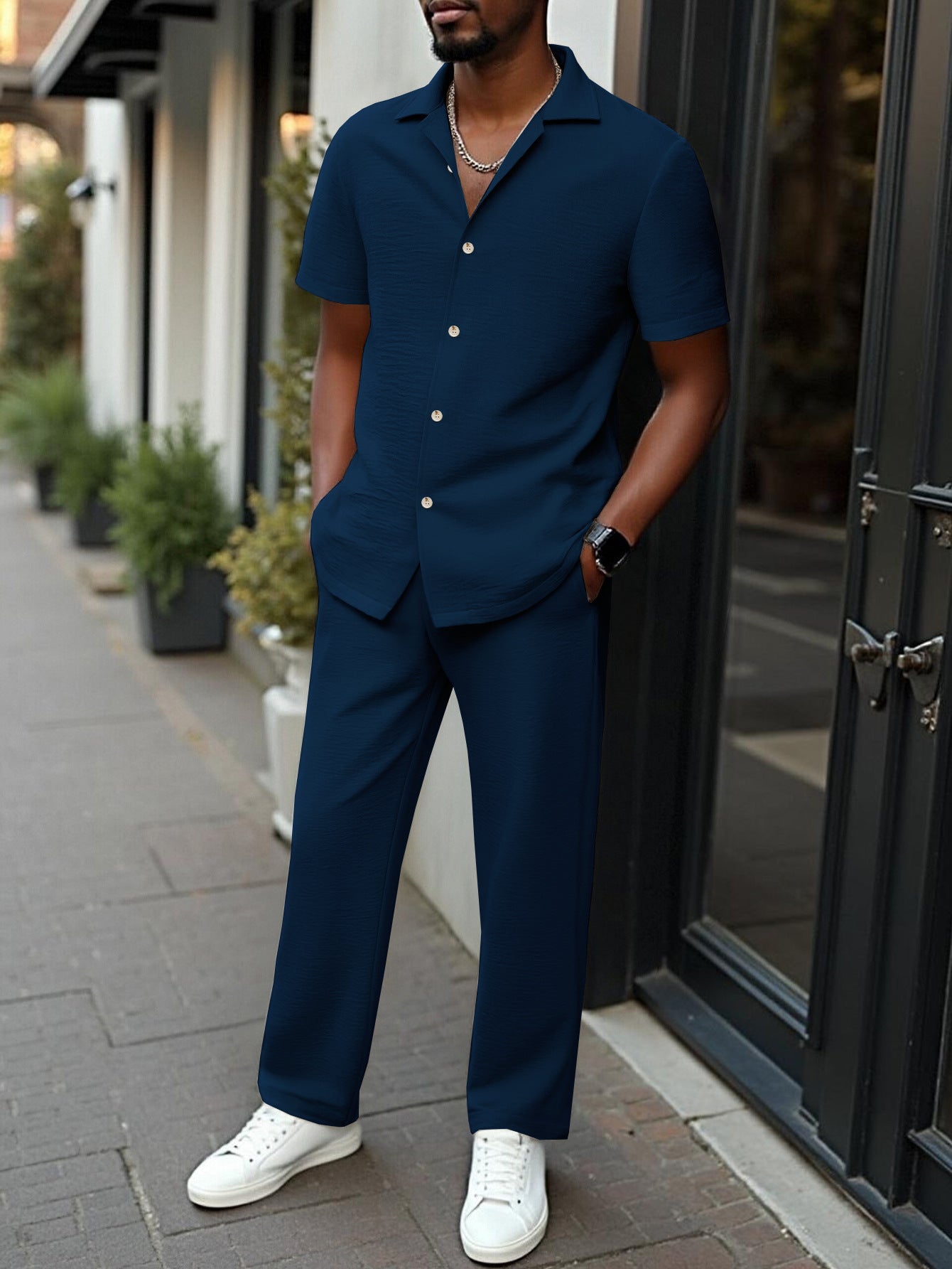 Men's 2-Piece Short Sleeve Shirt & Long Pants Set – Textured Crinkle Fabric Lounge Wear